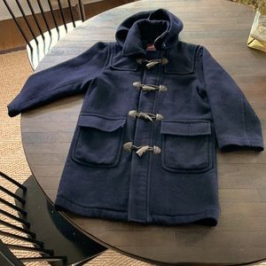 Classic Brooks Brothers navy blue boys’ duffle coat in size medium.